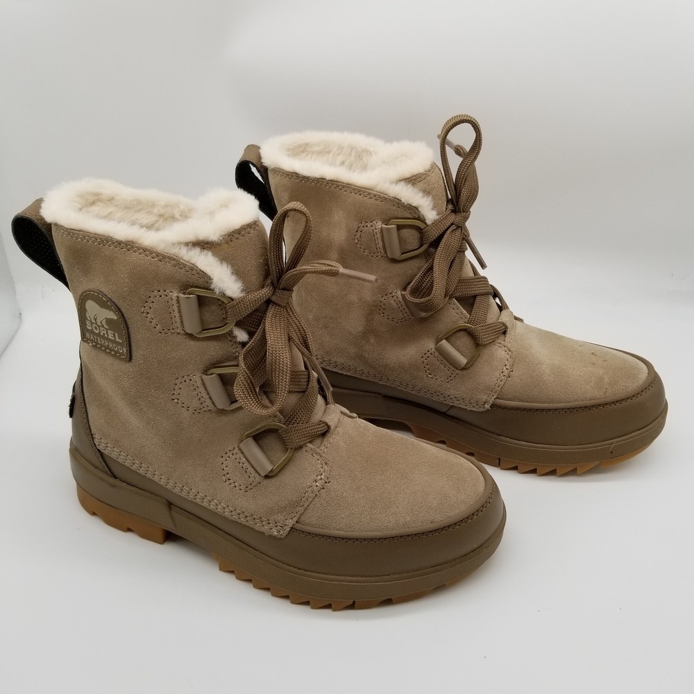 SOREL Lennox STLT Lace Boots Women 8 Khaki Waterproof Faux Fur Suede NL3425-297 - Picture 3 of 7